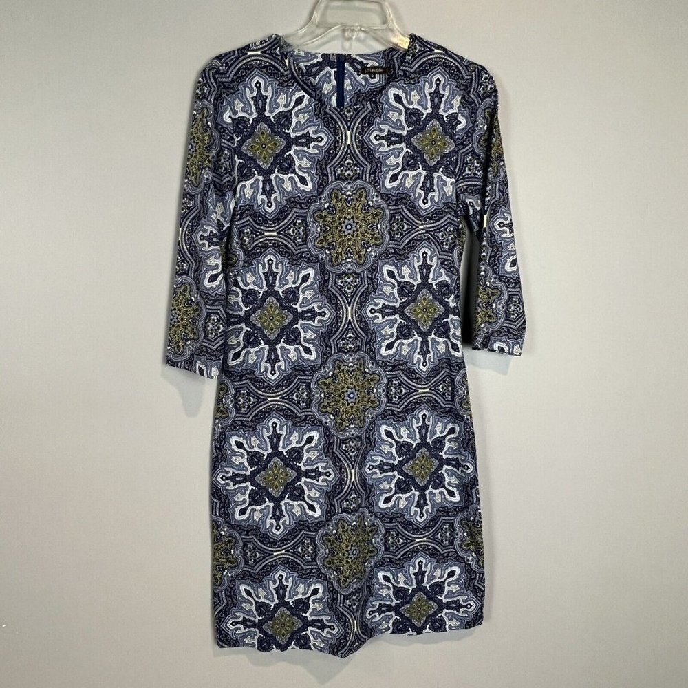 J McLaughlin Dress Blue Print Size Small 3/4 Sleeves